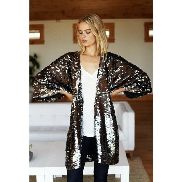 Emerson Fry Jackets & Blazers - Emerson Fry Womens Black Sequin 3/4 Sleeves Open Front Party Jacket Size XS/S